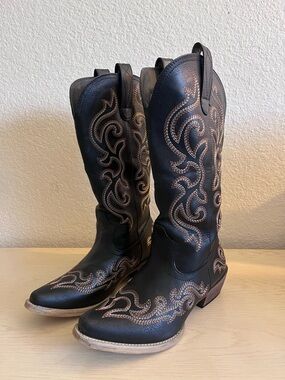 Embroidered Black Over-the-Knee Western Boots